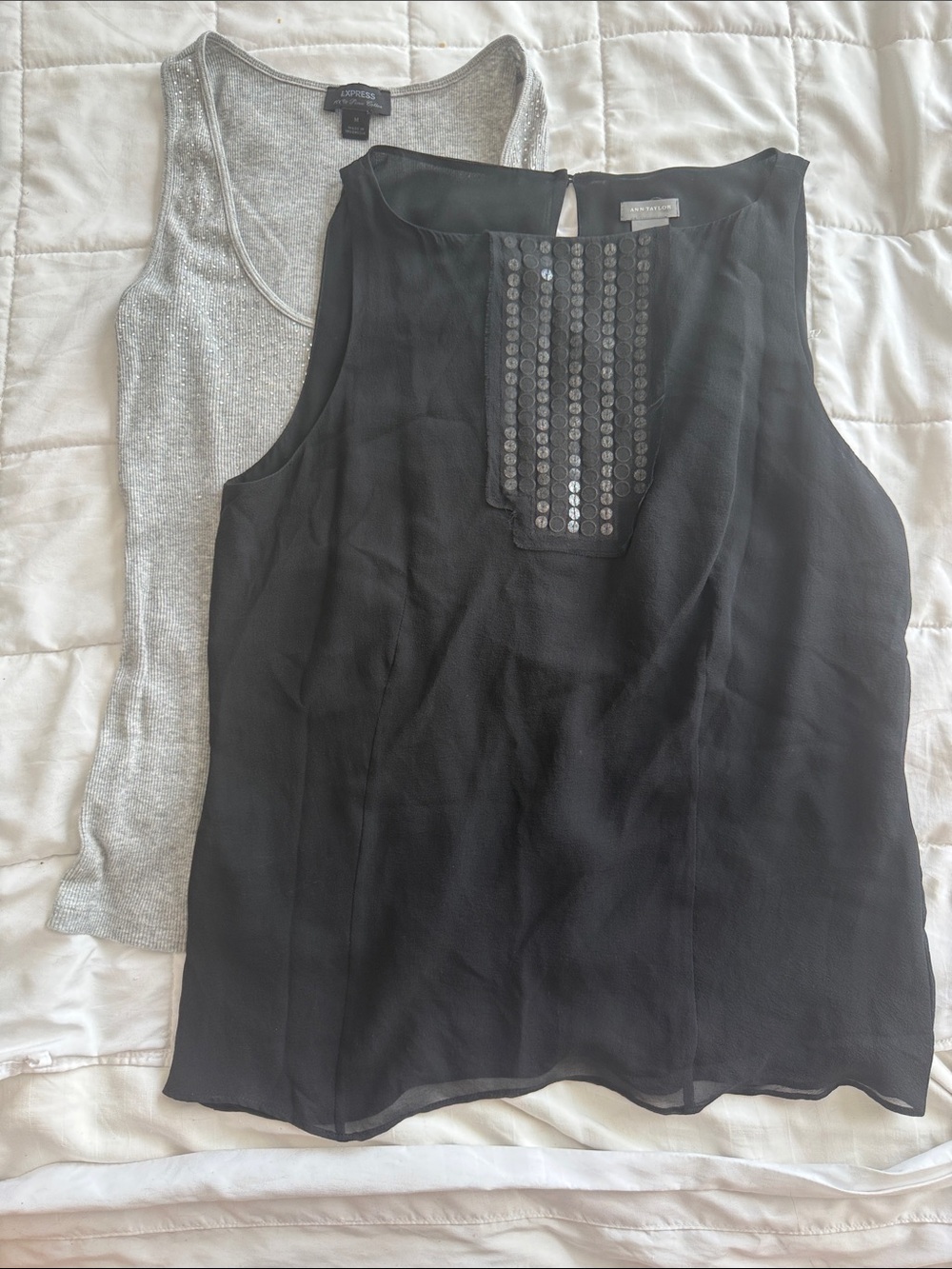 Ann Taylor Black Sleeveless Sequin-Trim Camisole and grey tank top